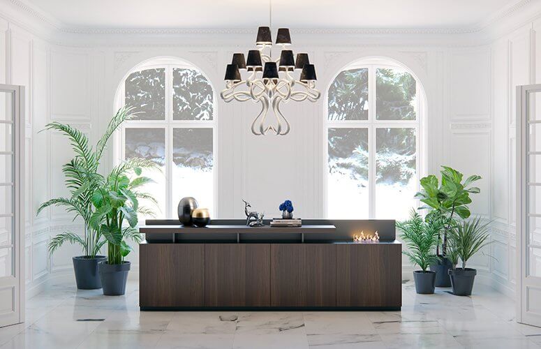 Vista completa Aparador Palermo con chimenea Bodonni